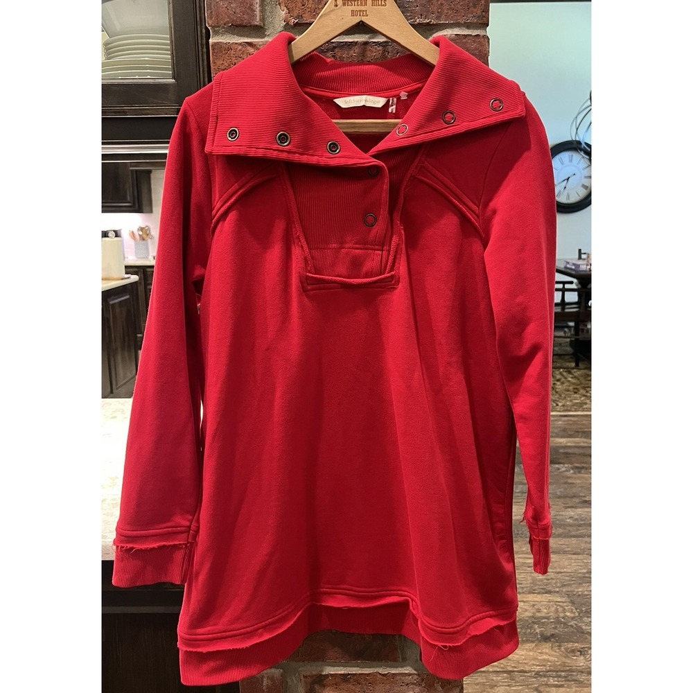 Soft Surroundings Red Snap Funnel Neck Tunic Sweatshirt Womens PM Red Cotton NWT